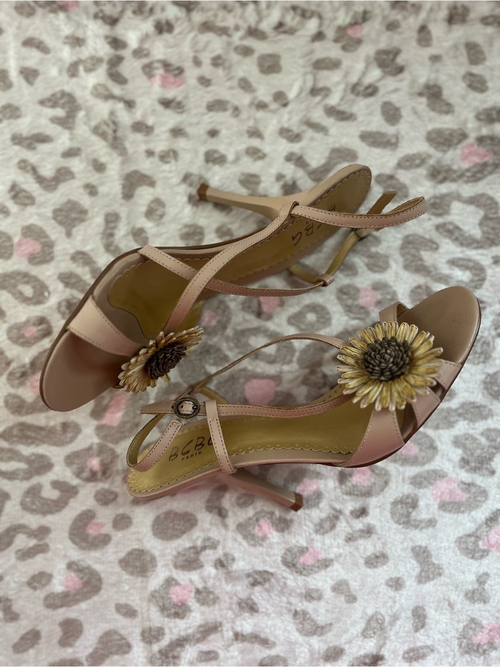 BCBG Blush Pink T-Strap Heels with Gold Sunflower Accent